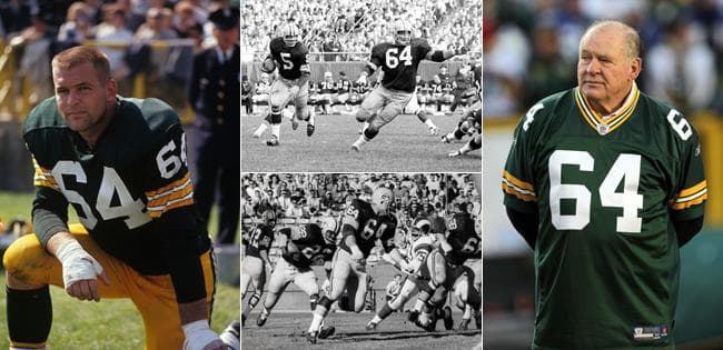 Far left: Kramer on the sideline in 1963. Middle: Setting lead blocks in the 1960s. Far right: Back at Lambeau Field for a playoff game in 2012.